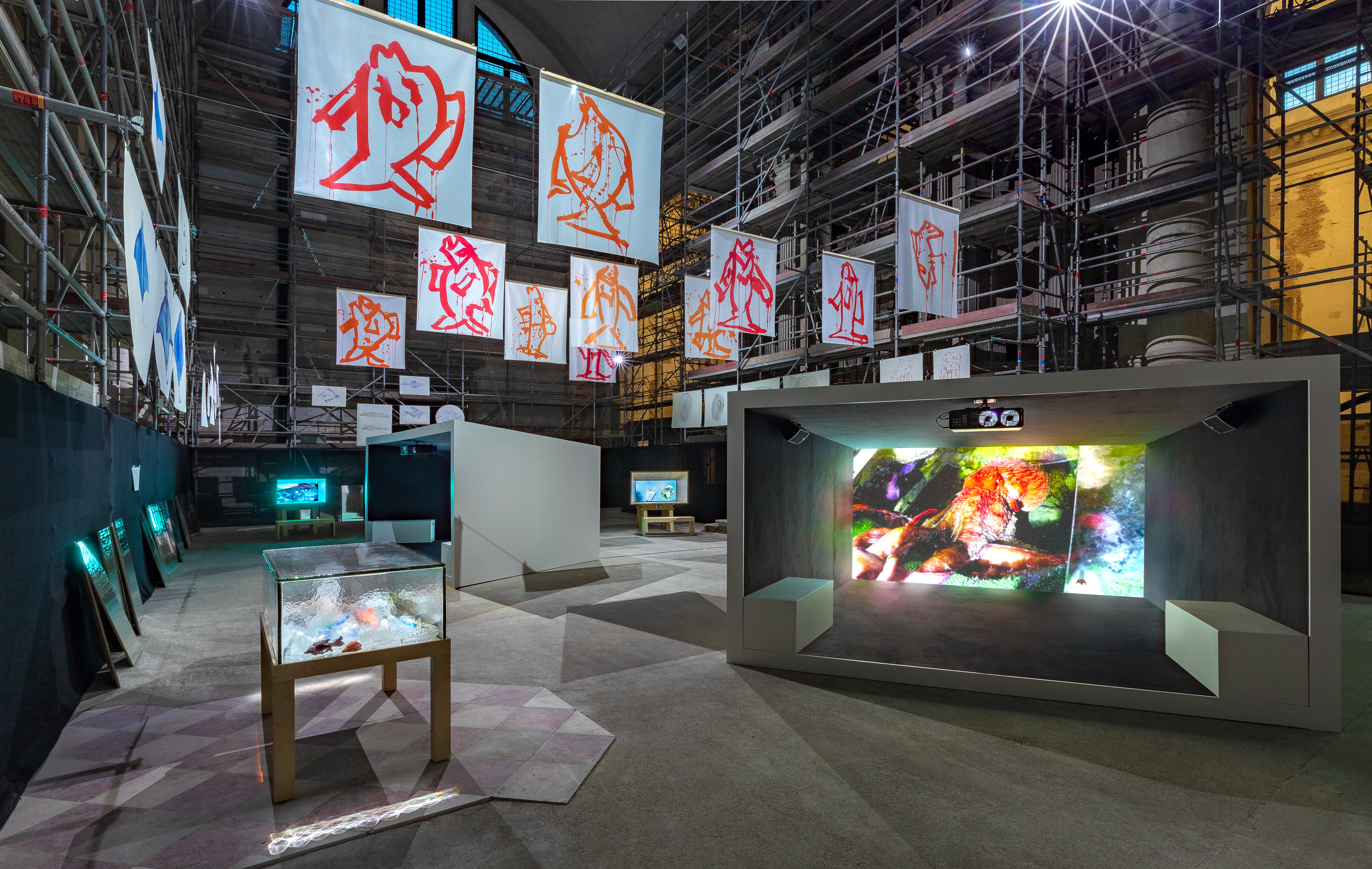 Joan Jonas, Moving Off the Land II, installation view at Ocean Space, Chiesa di San Lorenzo, 2019. Moving Off the Land II is commissioned by TBA21–Academy and co-produced with Luma Foundation. Photo Enrico Fiorese