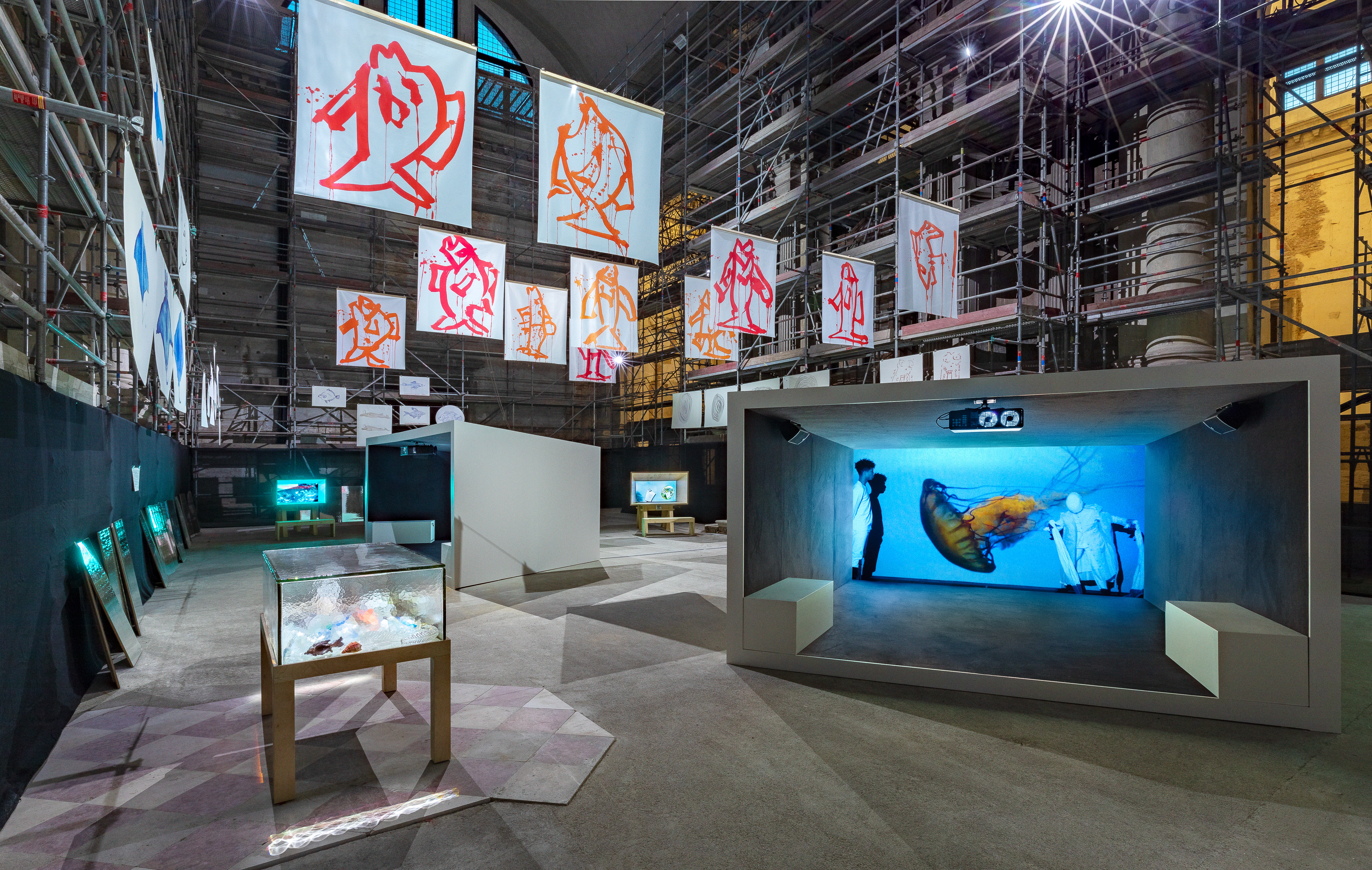 Joan Jonas, Moving Off the Land II, installation view at Ocean Space, Chiesa di San Lorenzo, 2019. Moving Off the Land II is commissioned by TBA21–Academy and co-produced with Luma Foundation. Photo Enrico Fiorese