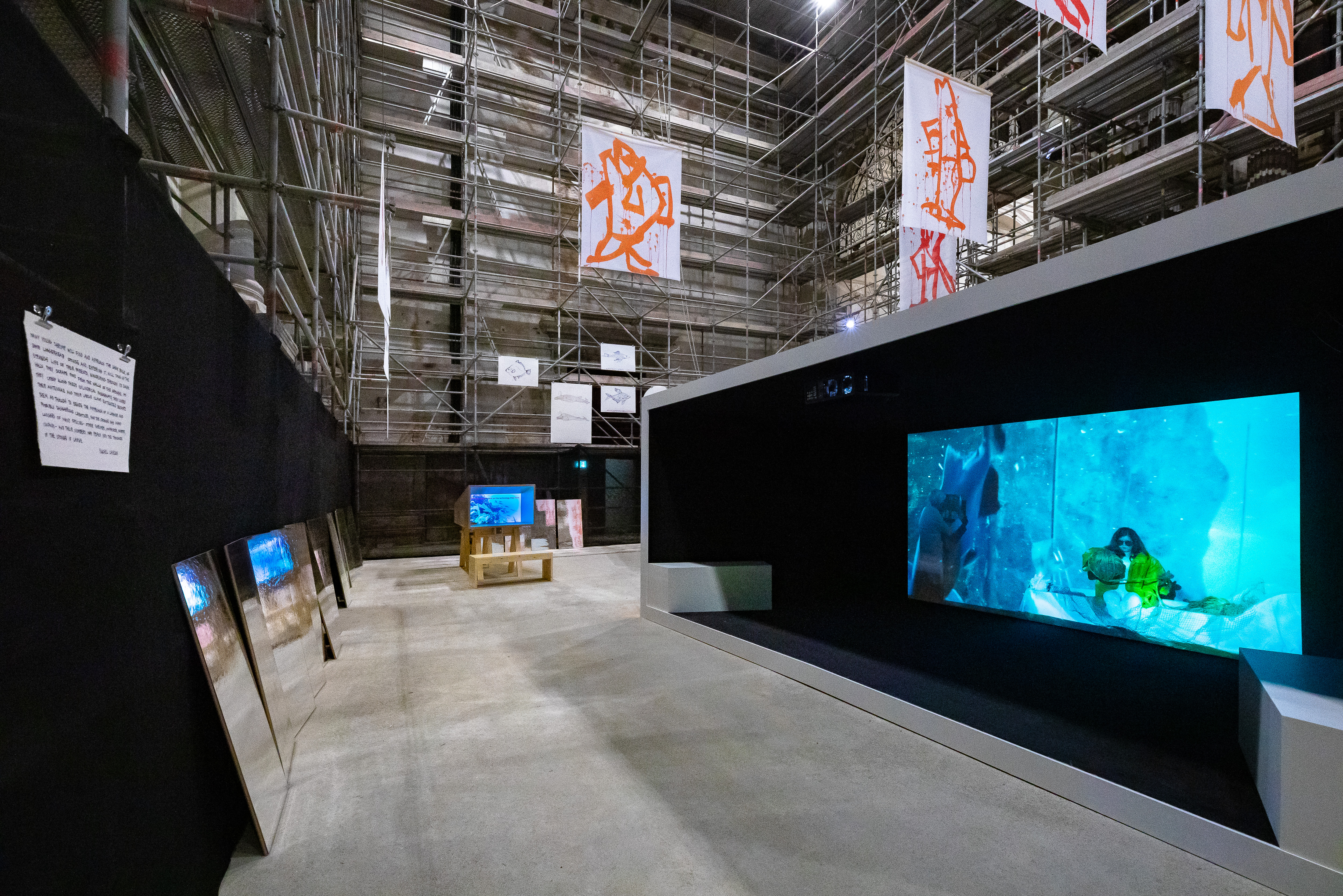 Joan Jonas, Moving Off the Land II, installation view at Ocean Space, Chiesa di San Lorenzo, 2019. Moving Off the Land II is commissioned by TBA21–Academy and co-produced with Luma Foundation. Photo Enrico Fiorese