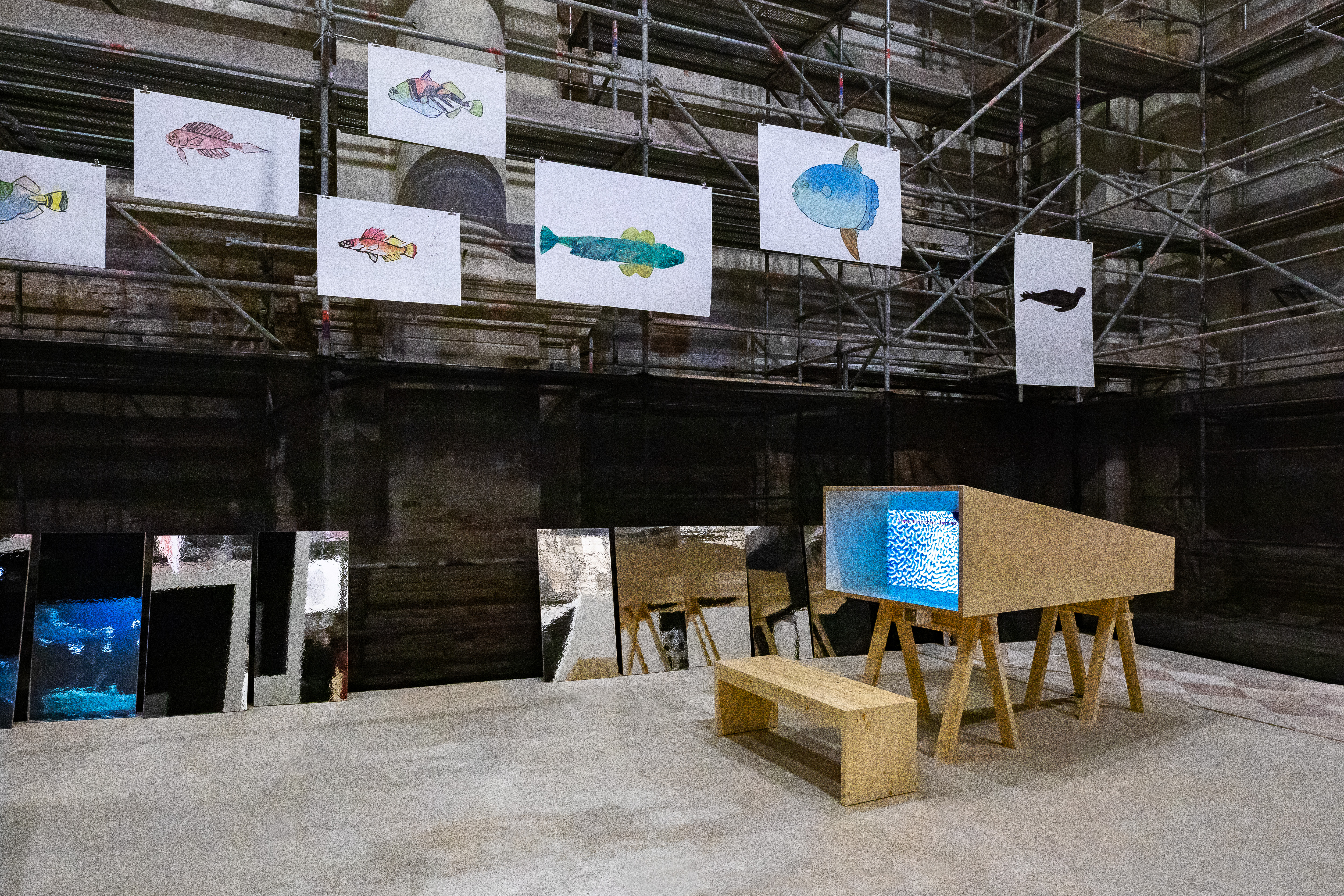 Joan Jonas, Moving Off the Land II, installation view at Ocean Space, Chiesa di San Lorenzo, 2019. Moving Off the Land II is commissioned by TBA21–Academy and co-produced with Luma Foundation. Photo Enrico Fiorese