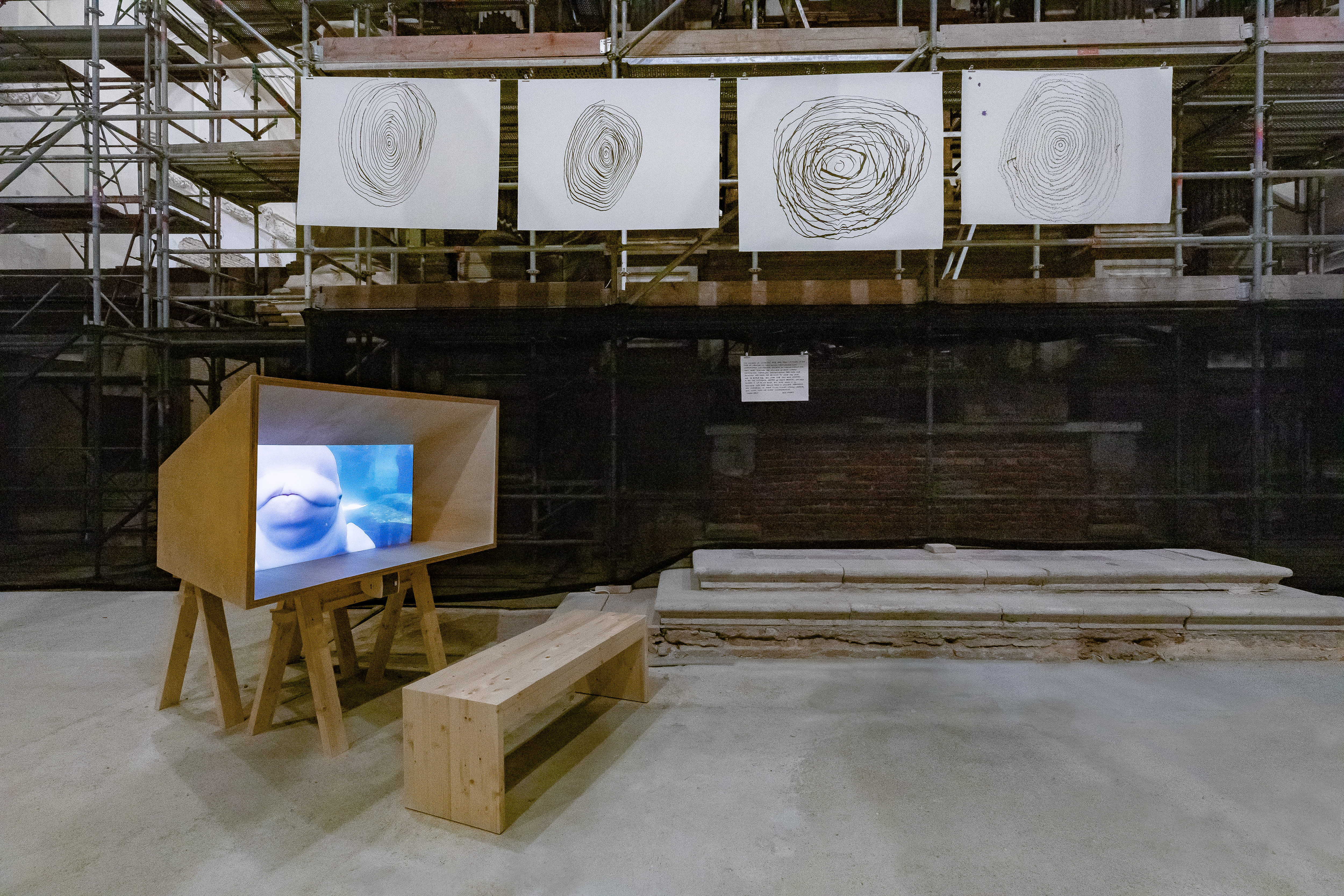 Joan Jonas, Moving Off the Land II, installation view at Ocean Space, Chiesa di San Lorenzo, 2019. Moving Off the Land II is commissioned by TBA21–Academy and co-produced with Luma Foundation. Photo Enrico Fiorese