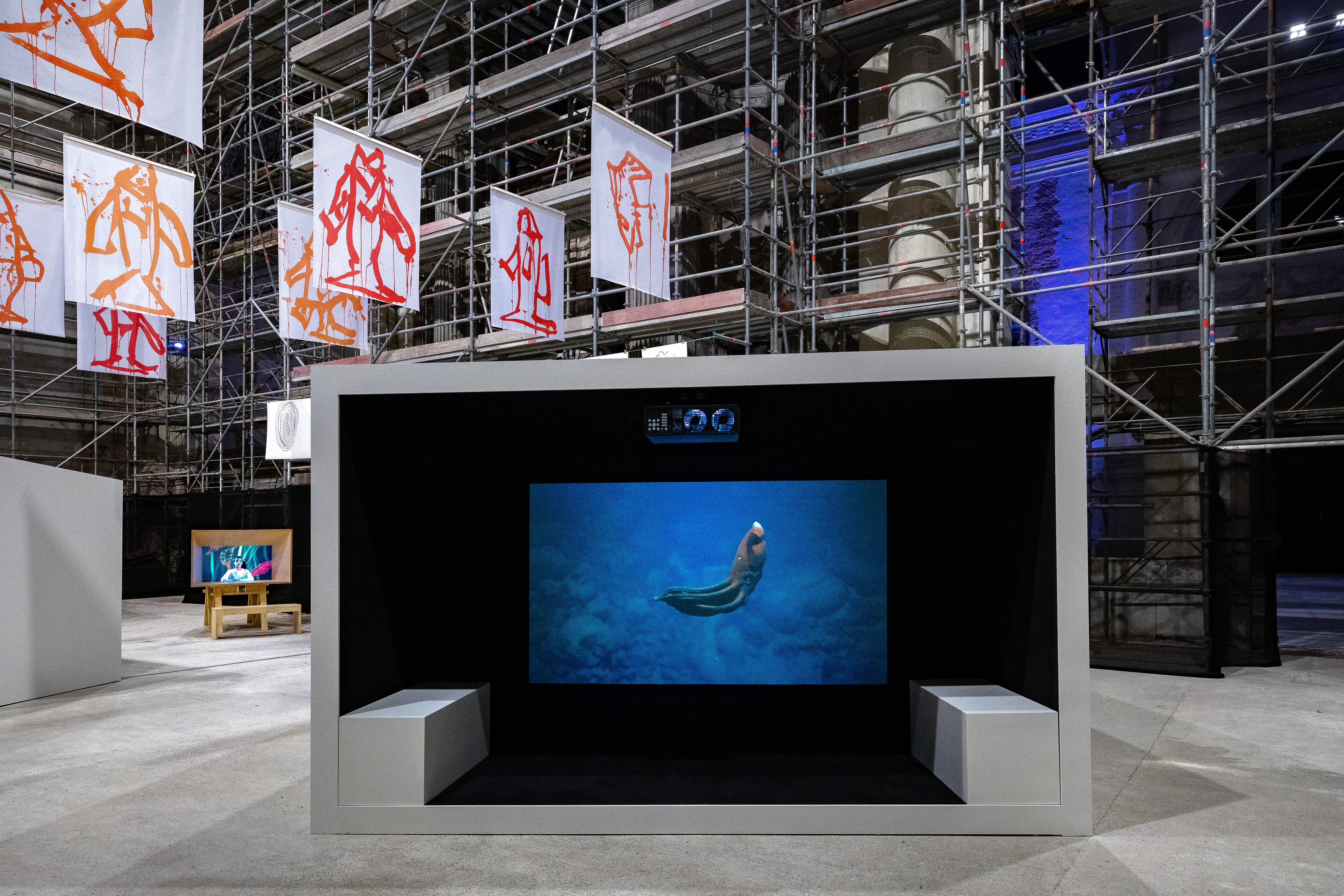 Joan Jonas, Moving Off the Land II, installation view at Ocean Space, Chiesa di San Lorenzo, 2019. Moving Off the Land II is commissioned by TBA21–Academy and co-produced with Luma Foundation. Photo Enrico Fiorese