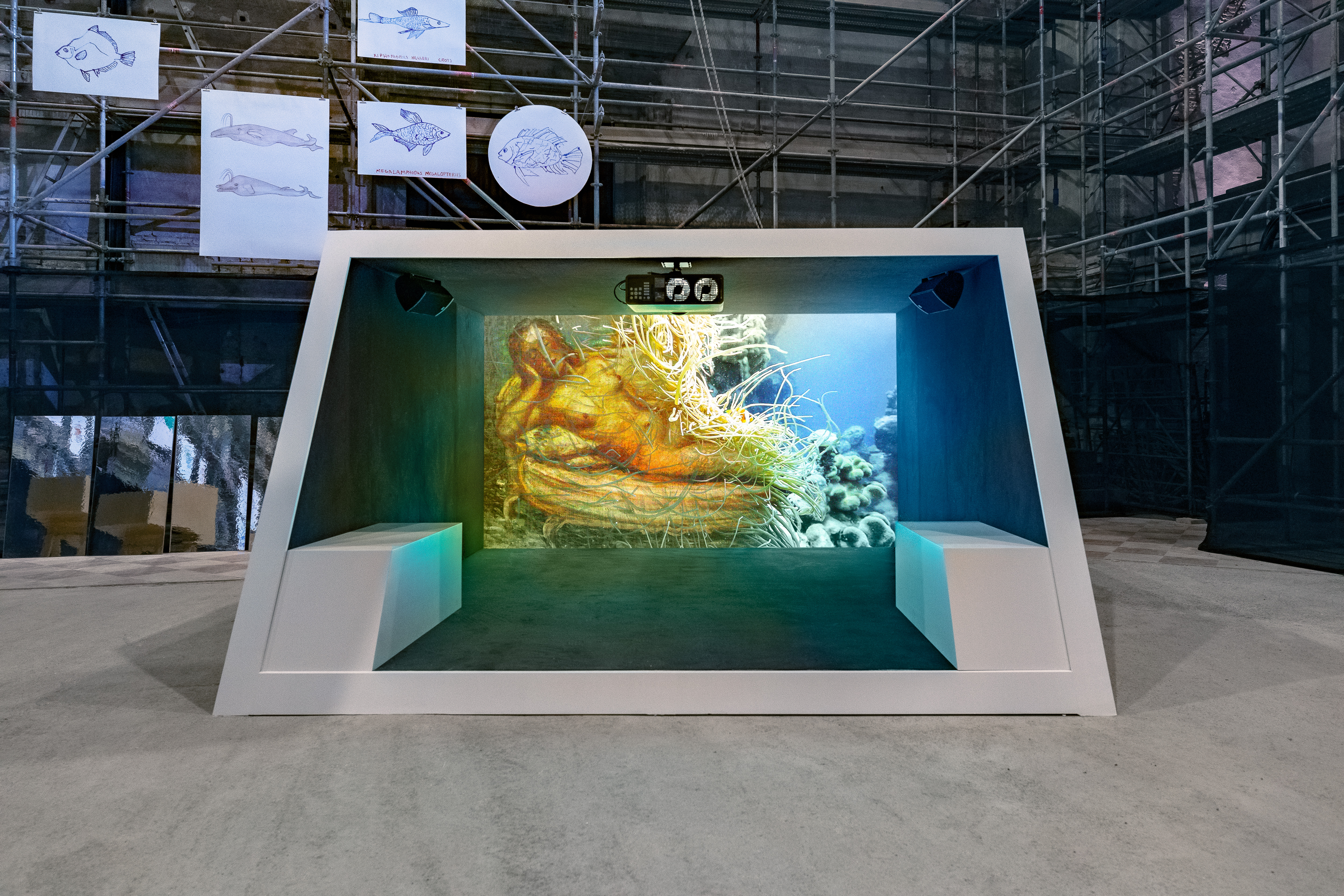 Joan Jonas, Moving Off the Land II, installation view at Ocean Space, Chiesa di San Lorenzo, 2019. Moving Off the Land II is commissioned by TBA21–Academy and co-produced with Luma Foundation. Photo Enrico Fiorese